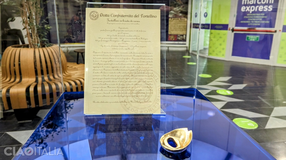 At the airport, you will be greeted by the tortellini recipe registered at the Bologna Chamber of Commerce.