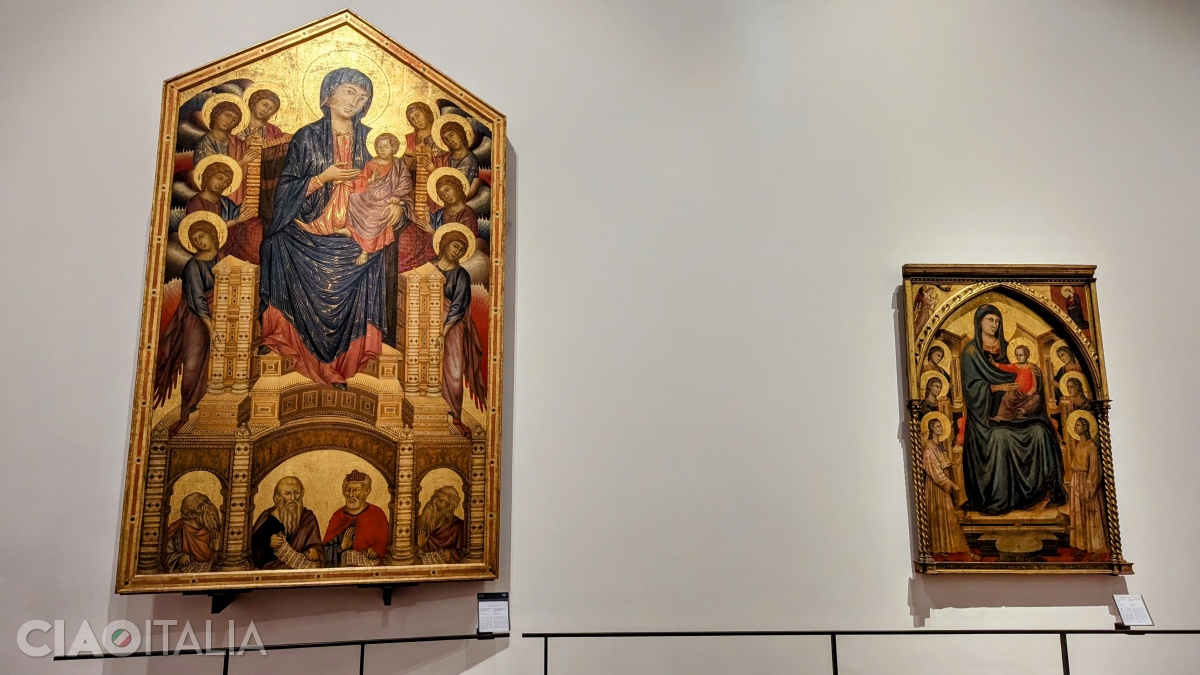 Cimabue (left) - "Madonna and Child on the Throne with Prophets" (1290-1300). The painting is also known as the "Maestà di Santa Trinità", named after the church it comes from.